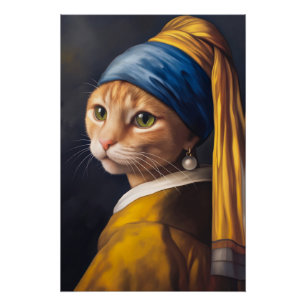 Pôster Gato com um brinco de pérolas   Funny Vermeer Paro