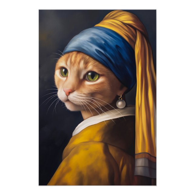 Pôster Gato com um brinco de pérolas | Funny Vermeer Paro (Frente)