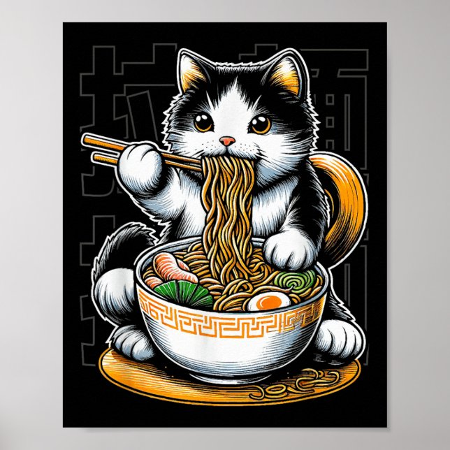 Poster Gato Comendo Comida Ramen Amante de Gato Macarrão  (Frente)