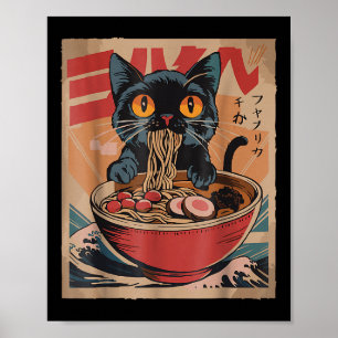 Poster Gato Comendo Ramen Japonês Camisetas Gráficas Kawa