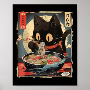 Poster Gato Comendo Ramen Noodle Engraçado Japonês Kawaii