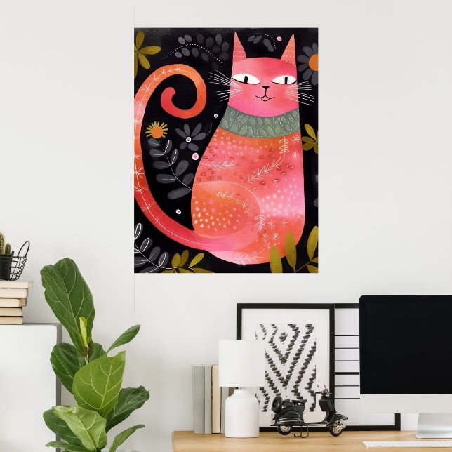 Poster Gato Cor-de-rosa-Floral (Escritório em casa)