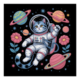Pôster Gato Cósmico Astronauta no Vaporwave Espacial Neon