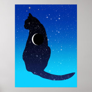 Poster Gato Cósmico em Estrelas e Padrões da Lua Crescent