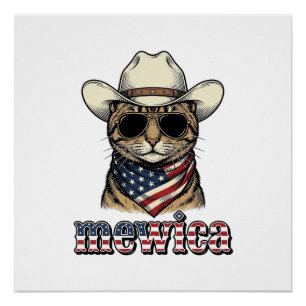 Pôster Gato Cowboy Patriótico Mewica Design Vetorial Vint