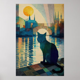 Poster Gato Cubista Assistindo Sunset sobre Águas Luminos