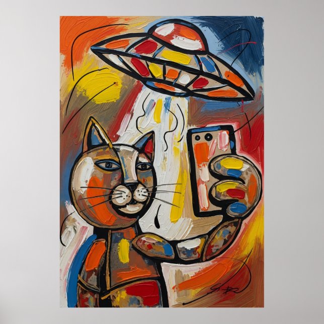 Poster Gato Cubista Colorido OVNI Abstrato (Frente)