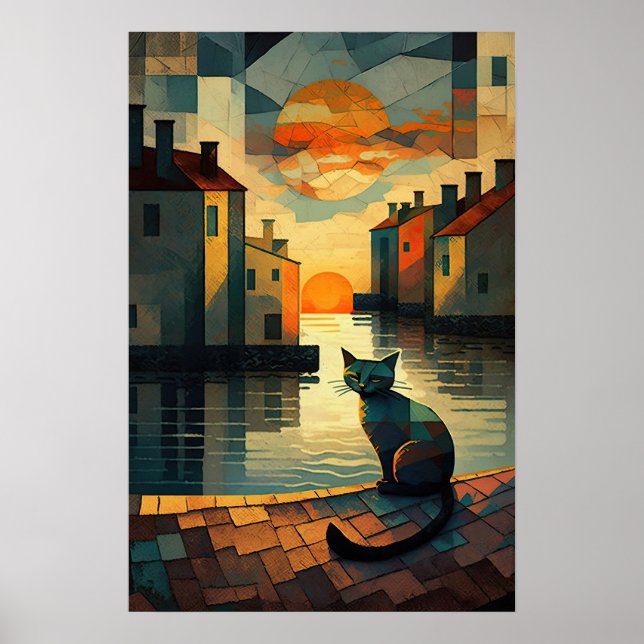 Poster Gato Cubista: Sunset em Águas Venezianas (Frente)