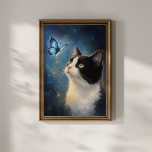 Poster Gato Curioso e Borboleta Azul