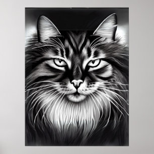 Poster Gato da Floresta Norueguesa em Preto e Branco