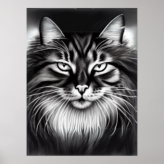 Poster Gato da Floresta Norueguesa em Preto e Branco (Frente)