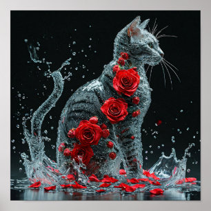 Poster 🌹 Gato de Água Cercado por Rosas Vermelhas Fantas