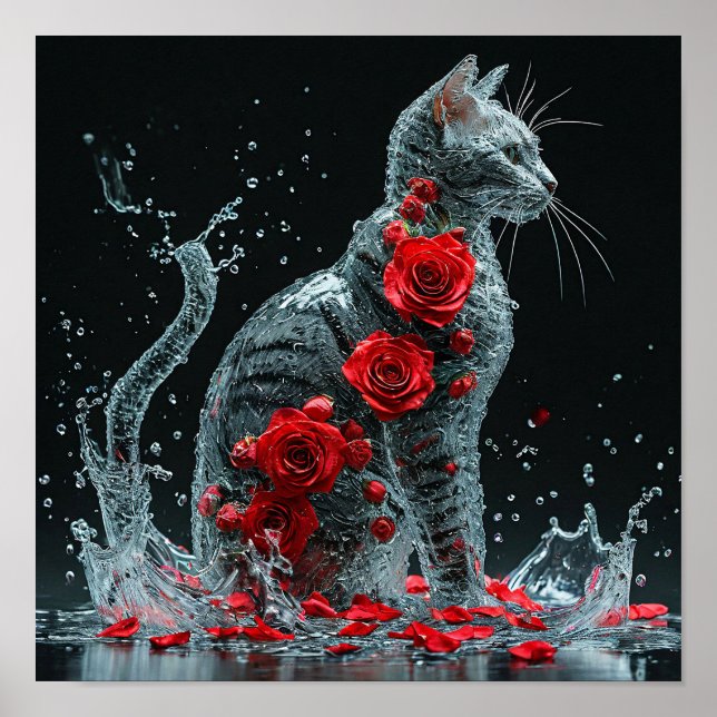 Poster 🌹 Gato de Água Cercado por Rosas Vermelhas Fantas (Frente)