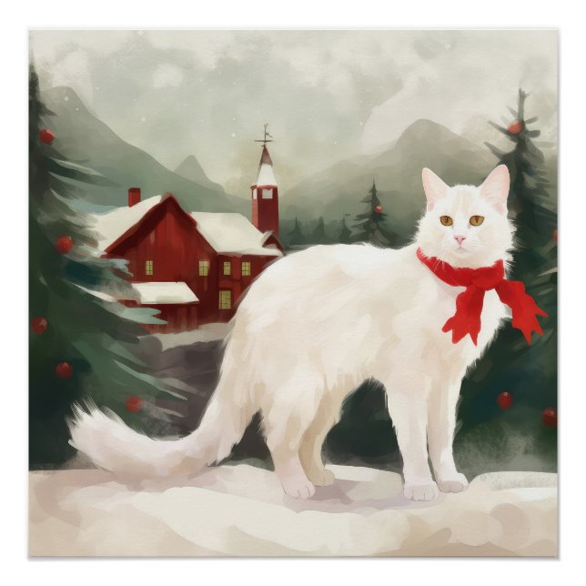 Pôster Gato de Angora Turco no Natal da Neve (Frente)