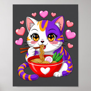 Poster Gato de Anime Comendo Macarrão Ramen Com Corações