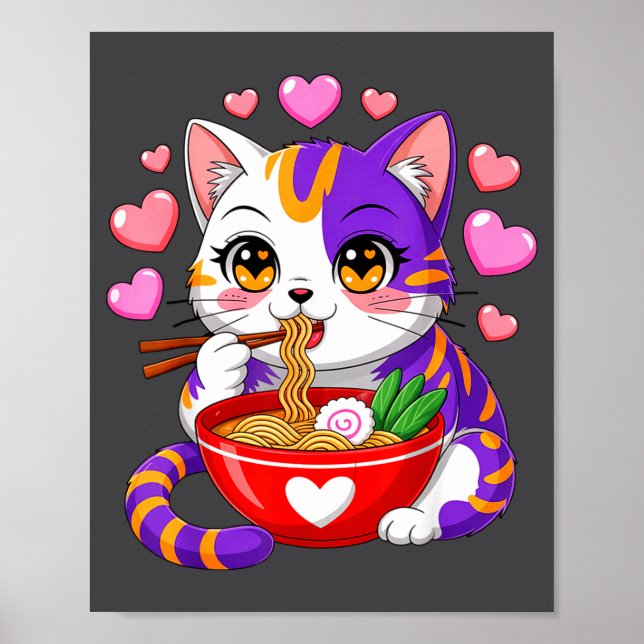 Poster Gato de Anime Comendo Macarrão Ramen Com Corações  (Frente)