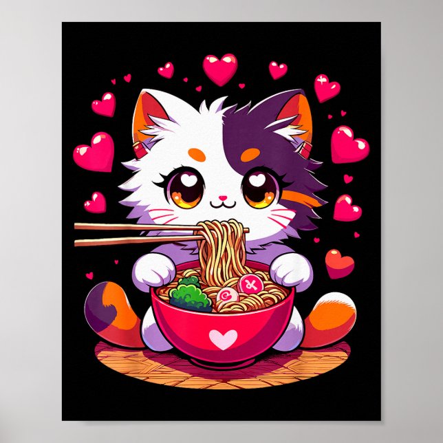 Poster Gato de Anime Comendo Macarrão Ramen Com Corações  (Frente)
