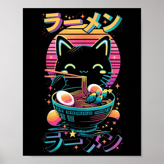 Poster Gato de anime comendo Ramen Lamen Japonês Gato Jap (Frente)