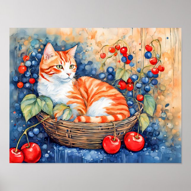 Poster Gato de Aquarela em Cesta com Cerejas (Frente)