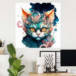Poster Gato de aquarela no estilo steampunk