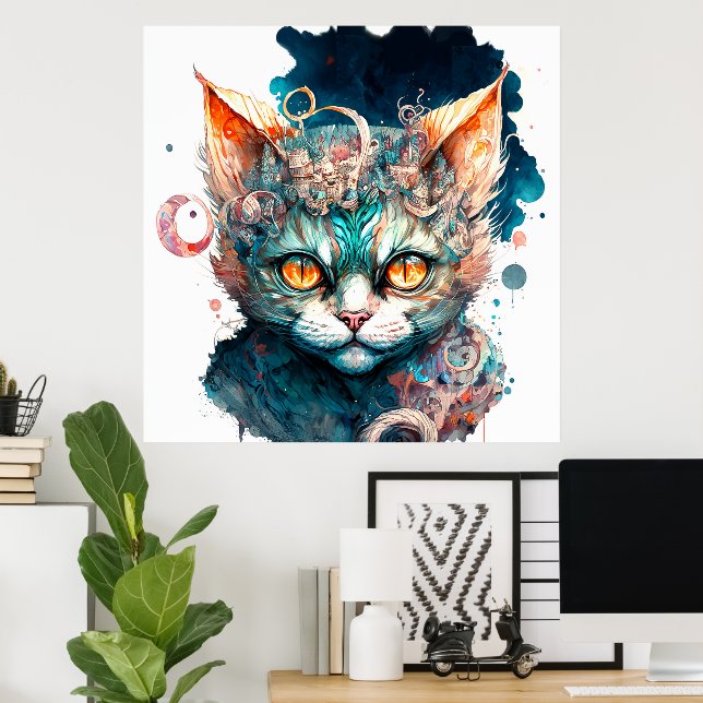 Poster Gato de aquarela no estilo steampunk (Escritório em casa)