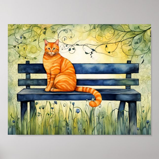 Poster Gato de Aquarela no Park Bench (Frente)