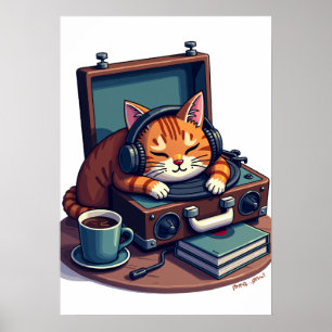 Poster Gato de Arte Pixel com Fones de Ouvido Discos de V