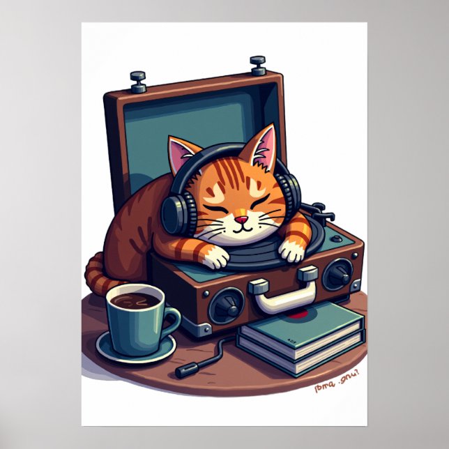 Poster Gato de Arte Pixel com Fones de Ouvido Discos de V (Frente)