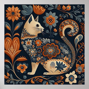 Poster Gato de Arte Popular com Flores Laranja e Azuis