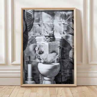 Poster Gato de banheiro imprimindo leitura no vaso sanitá