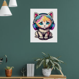 Poster Gato de bebê bonito com Fones de ouvido