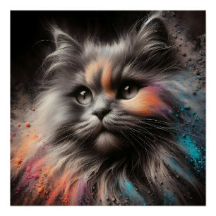 Pôster Gato De Cabelo Longo Com Abstrato De De Arte Felin