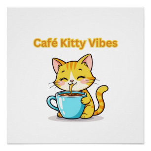 Pôster **Gato de Café Fofo – Gato Adorável Bebendo Café I