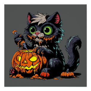 Pôster Gato de Carcaça de Abóbora de Halloween