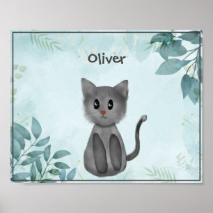 Poster Gato de Cinza Adorável na Floresta para Crianças