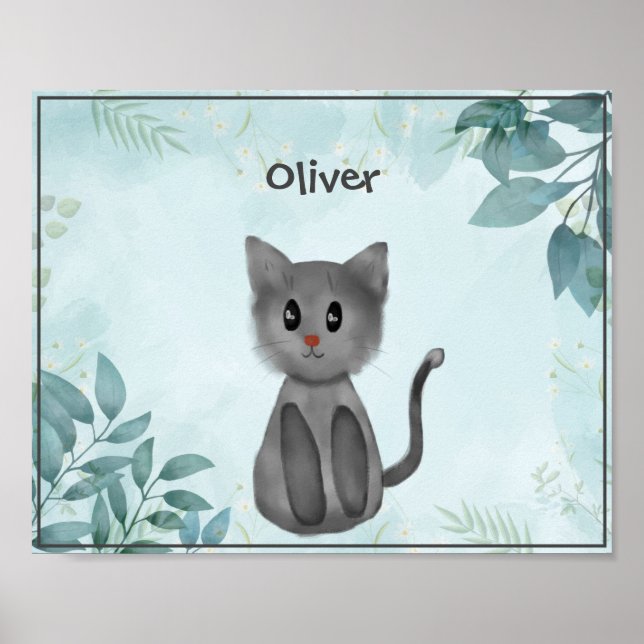 Poster Gato de Cinza Adorável na Floresta para Crianças (Frente)