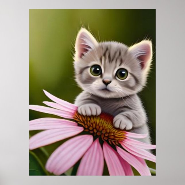 Poster Gato-de-cinza fofo e floral (Frente)