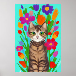 Poster Gato de Cinzas Bonitas com Flores Coloridas
