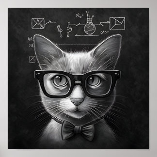 Poster Gato de Clever Schrödinger - Preto e Branco