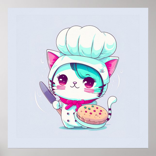 Poster Gato de cozinha de pastelaria com torta e faca | (Frente)