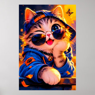 Poster Gato de desenho animado fofo usando óculos de sol