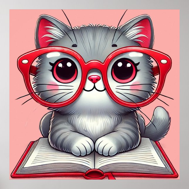 Poster Gato de desenho animado fofo vestindo óculos (Frente)