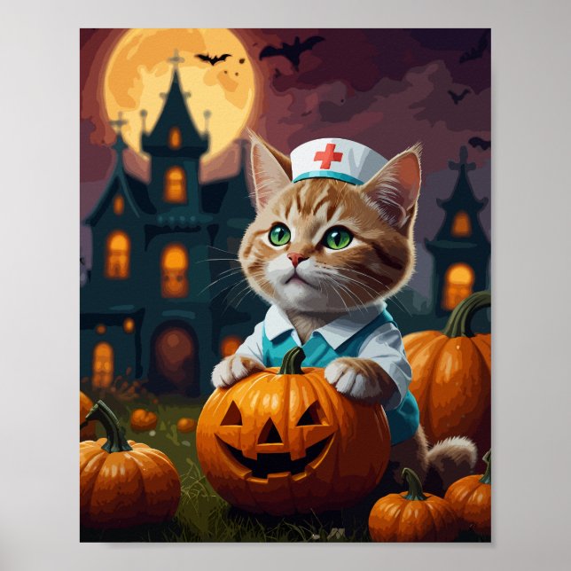 Poster Gato de Enfermeira com abóbora de Halloween (Frente)