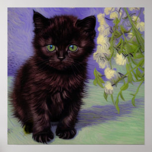 Poster Gato de estilo Van Gogh com Flores Brancas