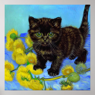 Poster Gato de estilo Van Gogh com Sunflower