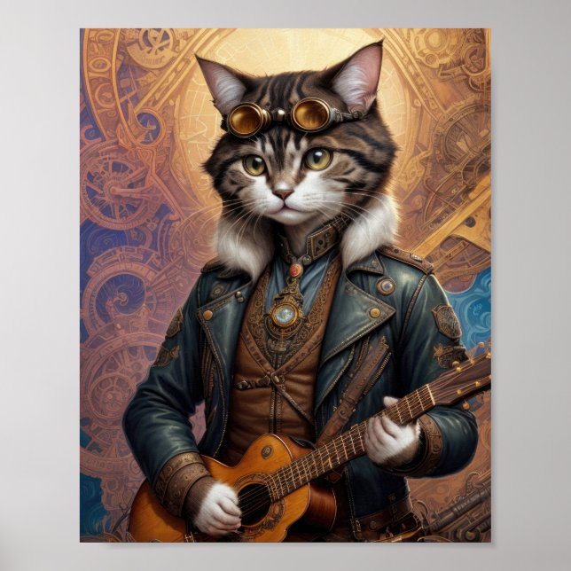 Poster Gato-de-galinha na jaqueta de couro, tocando violã (Frente)