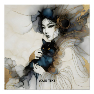 Pôster Gato de Garota Japonesa Fantasy