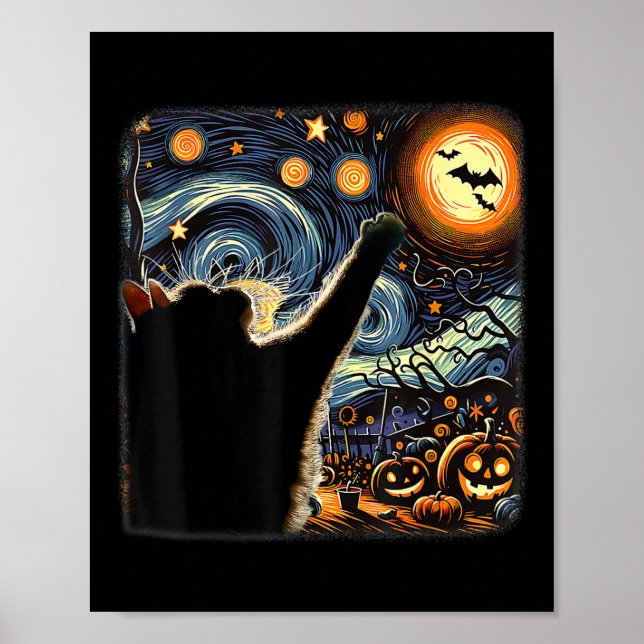 Poster Gato de Gata Negra Frio Van Gogh Starry Night Engr (Frente)