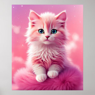 Poster Gato de Gatinho Rosa Fluffy-Bonito-Rosa-Brilhante