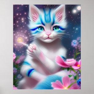 Poster Gato de gato branco Kawaii listrado, rosa e azul